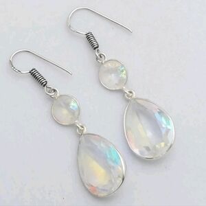 Rainbow Moonstone Gemstone 925 Sterling Silver Handmade Drop Dangle Earrings